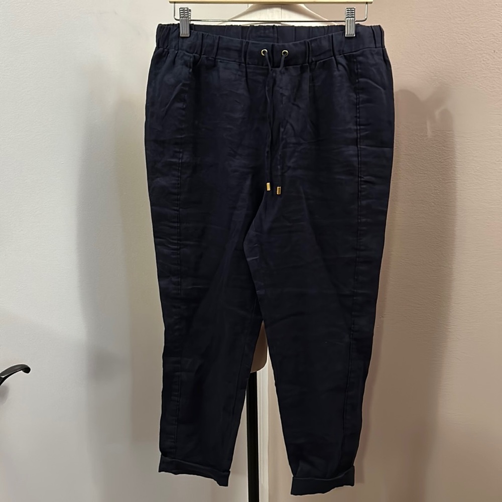 ELLEN Tracy women’s Navy linen pants, folded hem, drawstring waist size M
